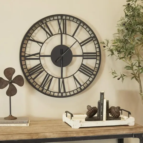 Iron Metal Round Wall Clock Modern Minimalist Style Black 28" Battery Operated Roman Numerals Solid Frame Home Decor Vertical - Image 6
