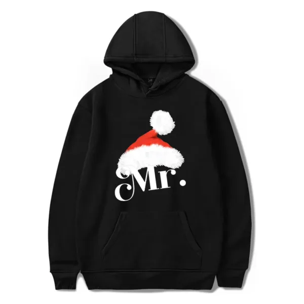 Hoodies Couple Christmas Hat Letter Mr Mrs Print Pullover Long Sleeve Fashion Xmas Gift Sportswear Women Men Lover Sweatshirt - Image 2