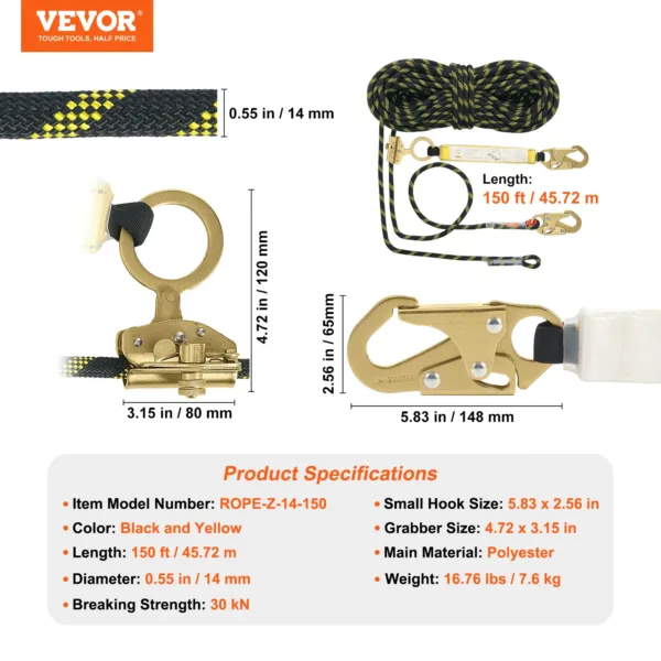 VEVOR Vertical Lifeline 150ft Outdoor Climbing Rope 30KN Breaking Tension Static for Escape Outdoor Adventures and Lumbering - Image 5