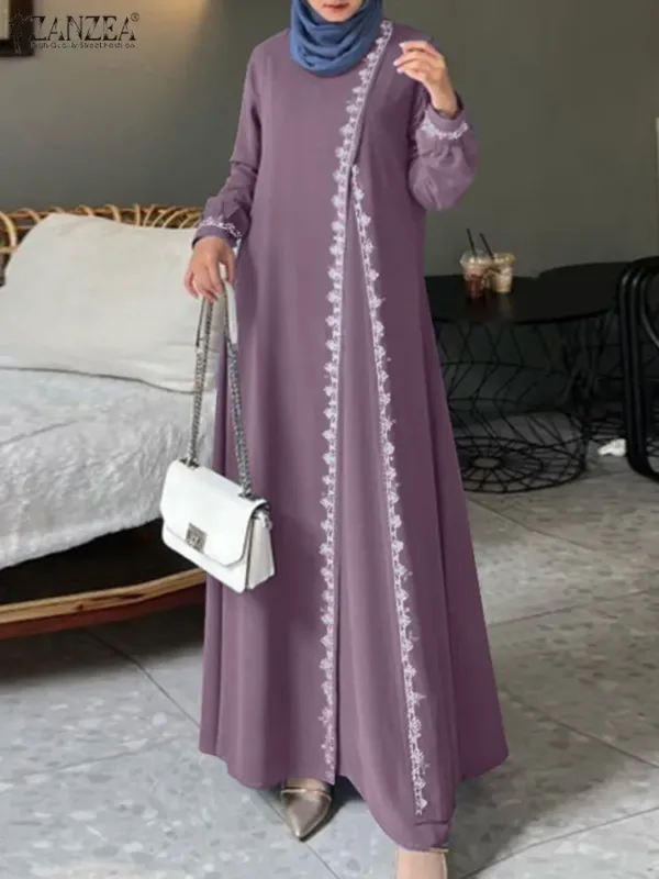 ZANZEA Spring Lace Crochet Maxi Dress Muslim Turkey Abaya Elegant Loose Vestidos Women Long Sleeve O Neck IsIamic Robe Kaftan - Image 6