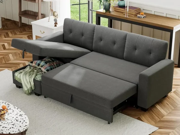 Sofa Bed Reversible Convertible Sleeper Pull Out Couches with Storage Chaise, Linen Fabric Furniture for Living Room, Bedroom - Image 5