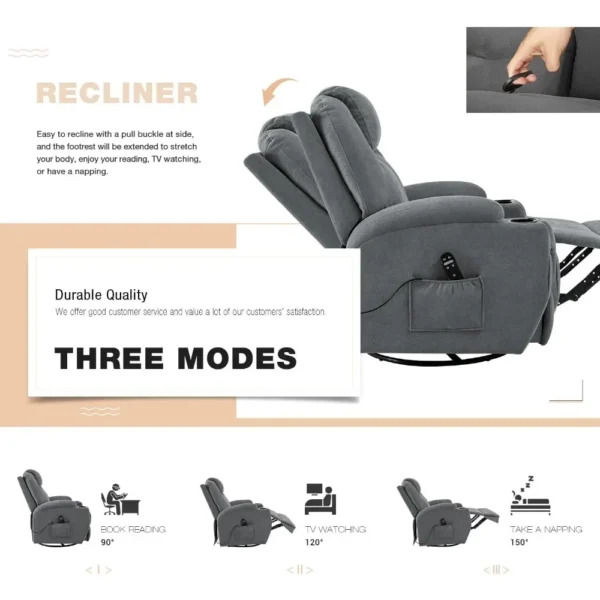 Rocking Chair Recliner Chair with Massage Swivel Ergonomic Lounge Chair with 2 Cup Holders Side Pockets Living Room Chairs - Image 2