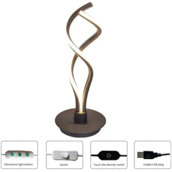 Bymaocar Modern Black Bedroom LED Spiral Table Lamp Bedside Desk Home Decoration Curved Light 6000K-6500K Low Energy Consumption - Image 2