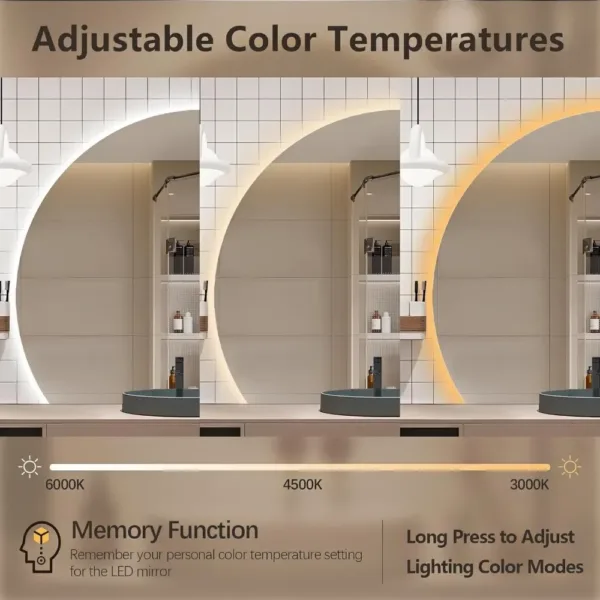 Half Moon Led Mirror for Bathroom, Semicircl Backlit Frameless Vanity Mirror with Lights,Dimmable Anti-Fog Smart Mirror - Image 3