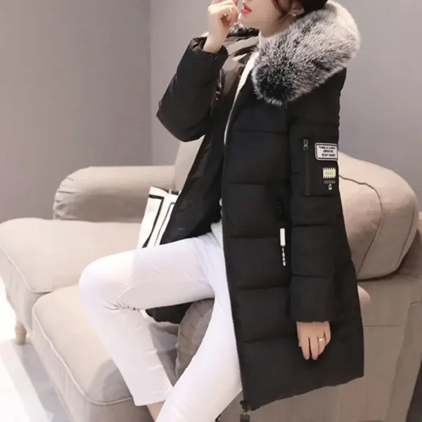 Women Winter Cotton Coat Hooded Mid Length Outerwear Windproof Warm Long Sleeve Jacket Solid Color Slim Fit Lady Down Coat - Image 7
