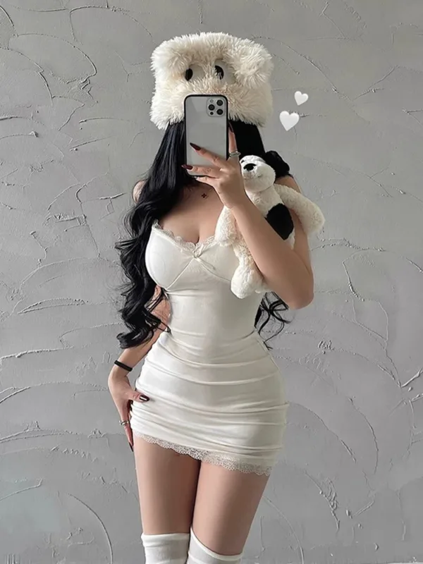 Y2K Retro Lace Patchwork Spaghetti Strap Black Bodycon Dress Mini Fashion Aesthetic Bow Club Party Sexy Dresses for Women - Image 4