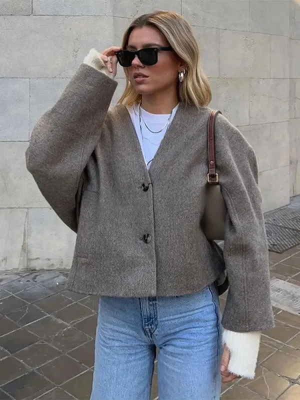 Women Fashion Wool Blend Straight Fit Jackets Elegant V Neck Double Buttons Pockets Short Coat 2024 Autumn Lady Office Outerwear