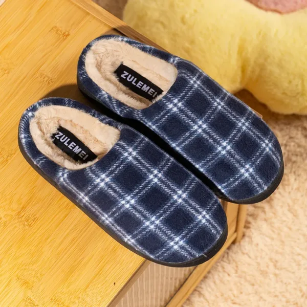 New Men's Striped Warm House Fleece Cozy Non-slip Plaid Cotton Mops Couples Slippers Winter Soft Indoor Bedroom Couples Shoes - Image 3