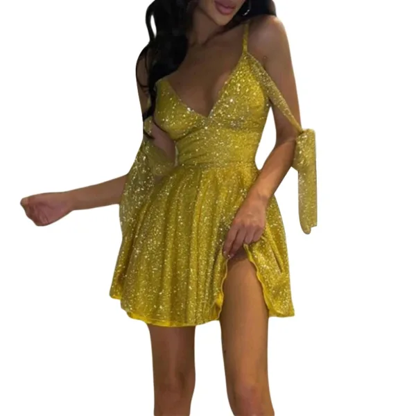 Women Fashion Shiny Off Shoulder Dress Solid Color Sexy Spaghetti Strap V-Neck Backless Elegant Cocktail Party Dress for Ladies