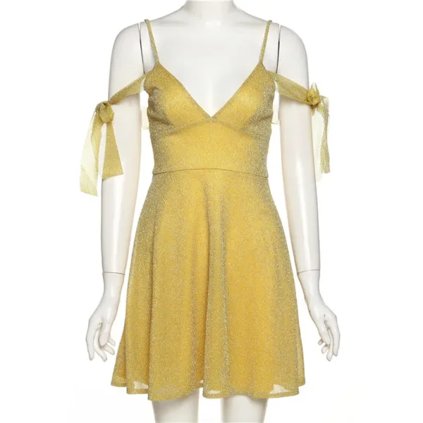 Women Fashion Shiny Off Shoulder Dress Solid Color Sexy Spaghetti Strap V-Neck Backless Elegant Cocktail Party Dress for Ladies - Image 6
