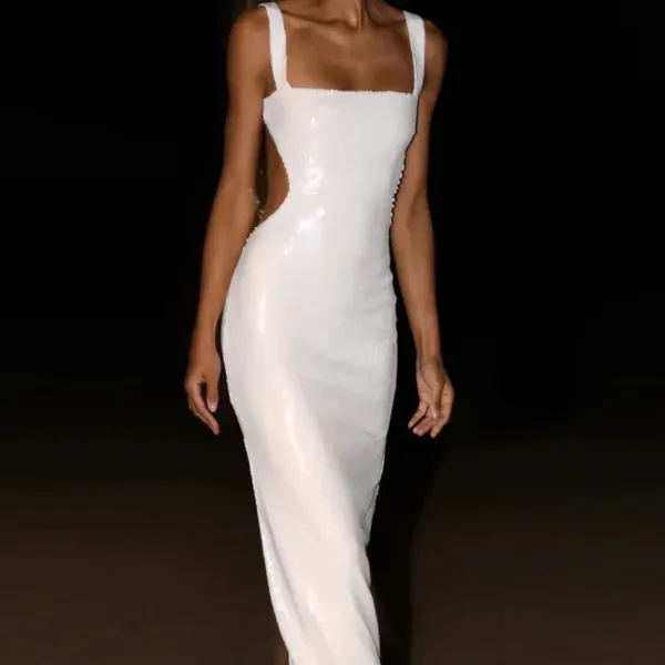 Sexy Sequin Hollow Out Sling Party Dress Women Slim Square Neck Sleeveless Backless Long Dresses 2024 Lady Evening Shinny Robe - Image 4