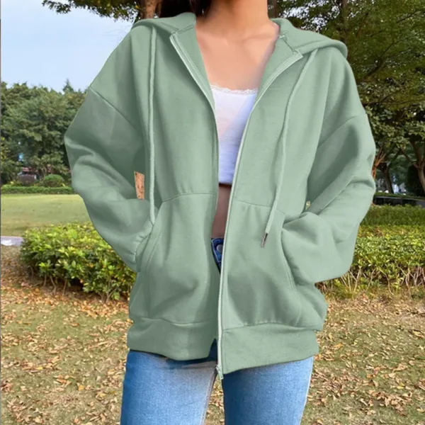 Autumn Fleece Hoodie Solid Color Hooded Korean Fashion Sweatshirts Long Sleeve Top Drawstring Pockets Loose Zipper Black Hoodies - Image 5