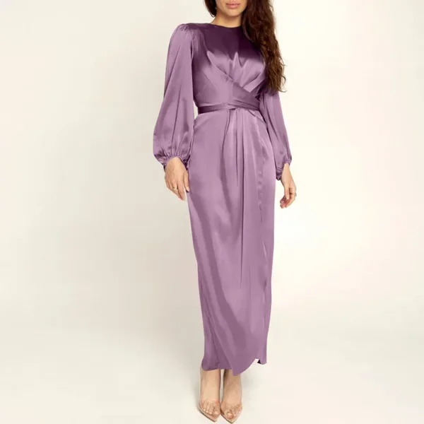 Women Arab Muslim Dresses Satin Long Sleeve Maxi Dress Solid Color Wrap Front Self-Tie Party Dress Prom Evening Robe De Soiree - Image 4
