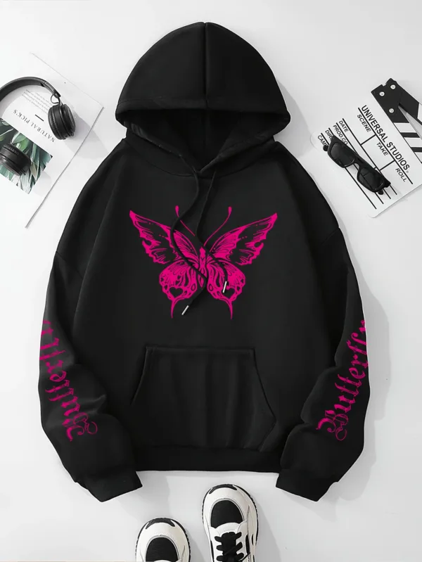 Butterfly & Letter Print Drawstring Hoodie, Casual Long Sleeve Kangaroo Pocket Hoodie Sweatshirt, Women's Clothing - Image 5