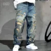 American Streetwear Hand Sewn Patch Ripped Jeans For Men Skateboard Baggy Denim Straight Leg Pants Harajuku Fashion Trousers - Image 4
