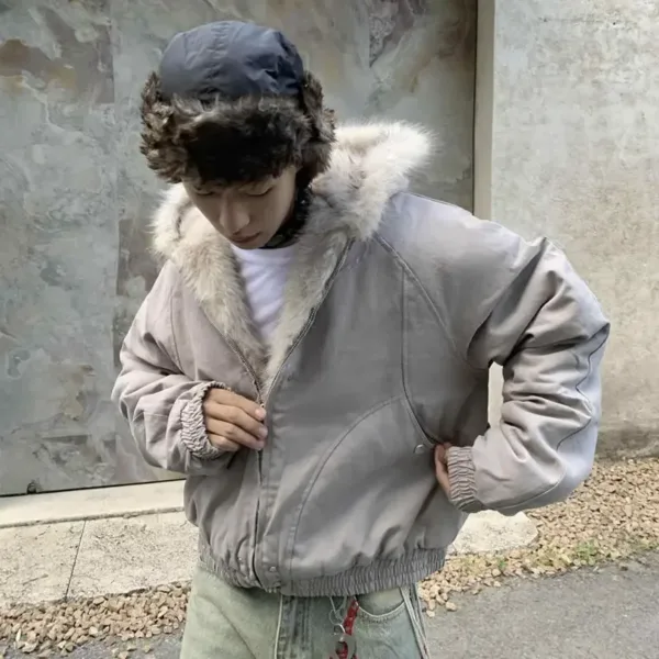 Winter Retro American Woolen Collar Hooded Cotton Jacket Thick Plush Top Men Street Hip Hop Gothic Harajuku Oversize Jacket Coat - Image 4
