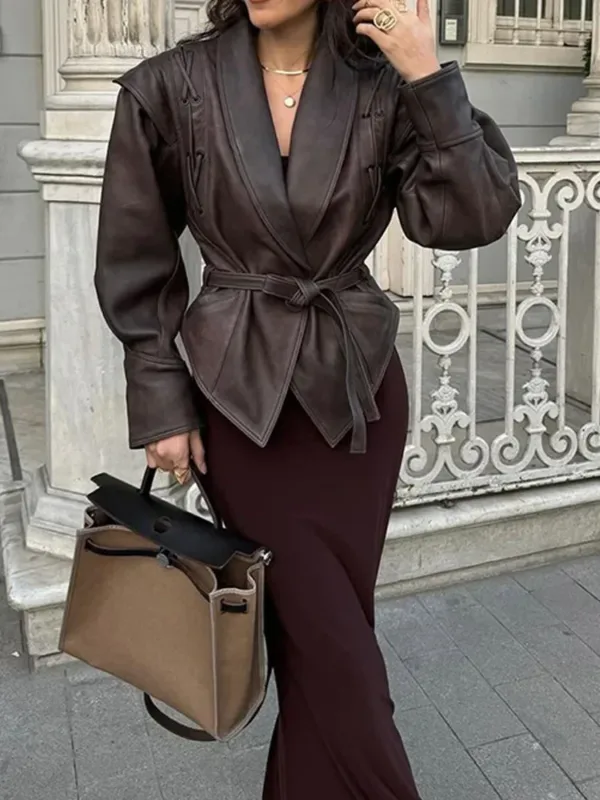 Fashion Leather Short Jacket With Belt Woman Lace Up Lapel Long Sleeve Motorcycle Coat Lady Winter Warm Street Outerwear - Image 2