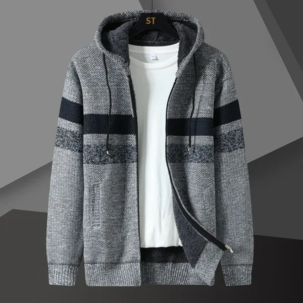 Winter Fleece Striped Cardigan Men Thick Warm Knitted Hooded Sweatercoat Mens Long Sleeve Casual Knitting Sweater Jacket Coats - Image 6