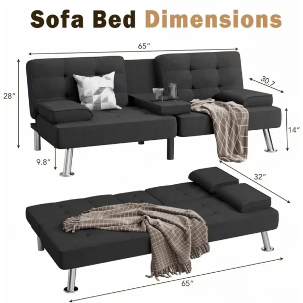 Shahoo Modern Linen Upholstered Convertible Folding Futon Sofa Bed with Removable Armrests, Metal Legs, 2 Cup