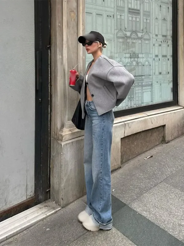Women Fashion Wool Blend Straight Fit Jackets Elegant V Neck Double Buttons Pockets Short Coat 2024 Autumn Lady Office Outerwear - Image 3