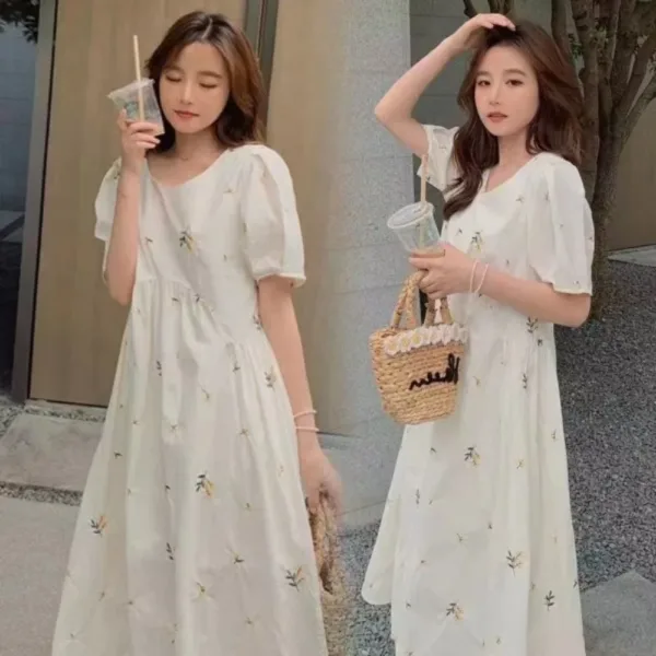 Pregnacy Dress Bowknot Dress Women Bubble Sleeves Chiffon Small Flower Printing Maternity Clothing Pregnant Woman Clothes - Image 5