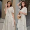 Pregnacy Dress Bowknot Dress Women Bubble Sleeves Chiffon Small Flower Printing Maternity Clothing Pregnant Woman Clothes - Image 3