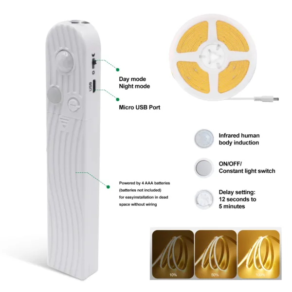5V USB COB LED Strip Light with Human Sensor Battery Box 3mm 5mm 8mm Flexible COB Lights 320LEDs High Density Linear Lighting - Image 6