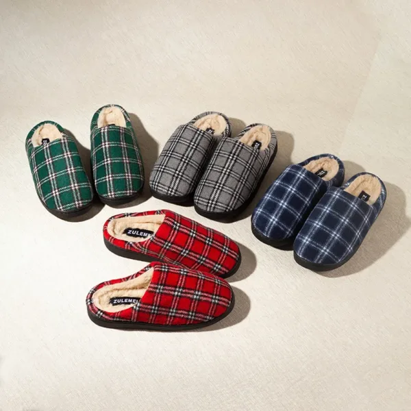 New Men's Striped Warm House Fleece Cozy Non-slip Plaid Cotton Mops Couples Slippers Winter Soft Indoor Bedroom Couples Shoes - Image 5