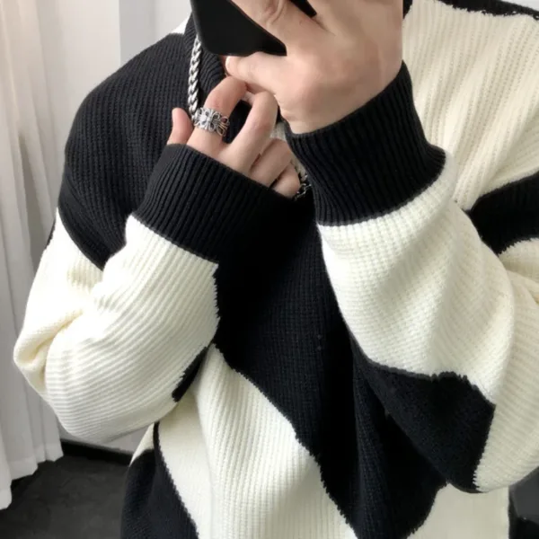 Man Clothes Round Collar Pullovers Knitted Sweaters for Men Crewneck Color Matching Black Cigaret Casual Korean Style Jumpers S - Image 3