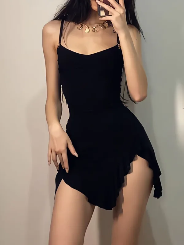 Sexy Mini Dress Women Summer New Black Sleeveless Strap Backless Folds Bodycon Split Dress Streetwear Elegant Party A-LINE Dress - Image 5