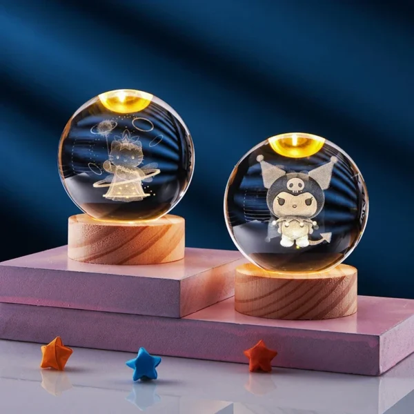 5CM 3D Crystal Ball Night Light Decoration Kuromi Sanrio Hello Kitty Action Figure Toy Bedroom Decoration Gift Mini Night Light - Image 4