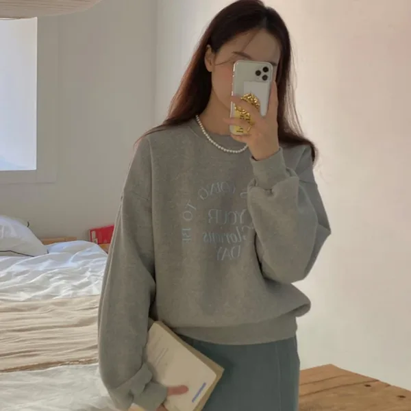 Korean Letter Print Round Neck Long Sleeve Loose Casual Sweatshirt For Women