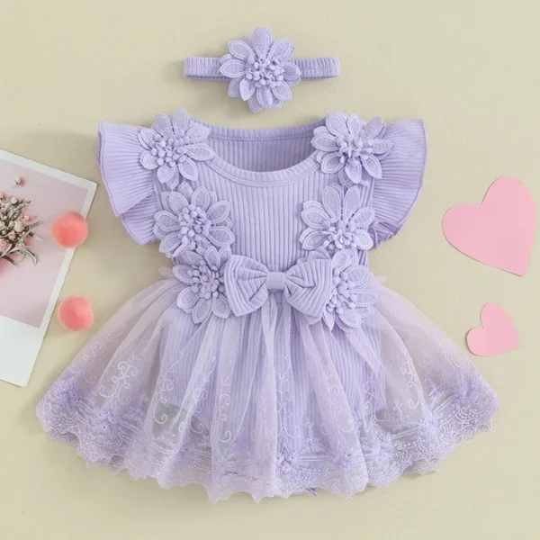 3D Flower Summer Baby Girls Romper Princess Mesh Newborn Clothes Lace Patchwork Ruffle Bodysuit Dress Headband Kids Clothing - Image 7