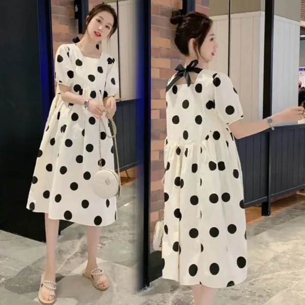 Maternity Fashion Summer Dress Outdoors High-end Fresh Dotty Skirt Loose-fit Medium-length Summer Dress - Image 2