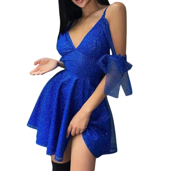 Women Fashion Shiny Off Shoulder Dress Solid Color Sexy Spaghetti Strap V-Neck Backless Elegant Cocktail Party Dress for Ladies - Image 7