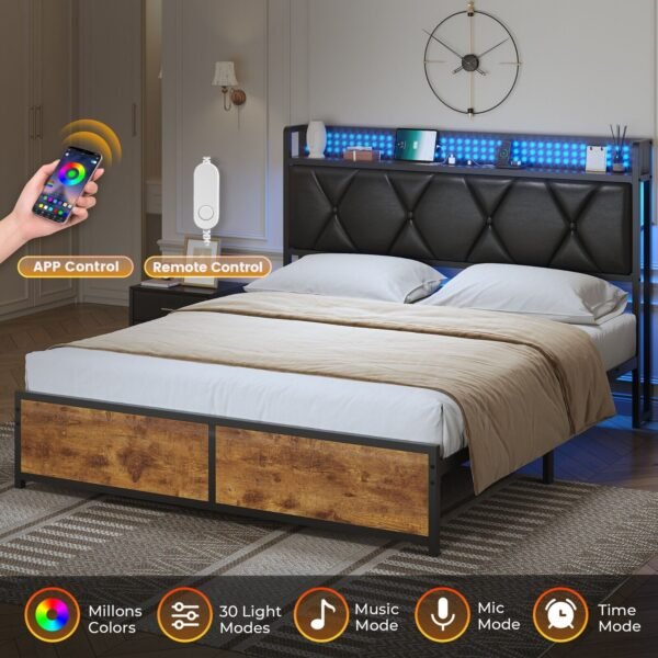 Queen LED Bed Frame Storage Headboard Footboard with Charging Station, Black PU - Image 8