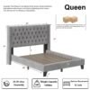 Queen Size Bed Frame w/ Tufted Upholstered Headboard Nailhead Button - Grey - Image 3