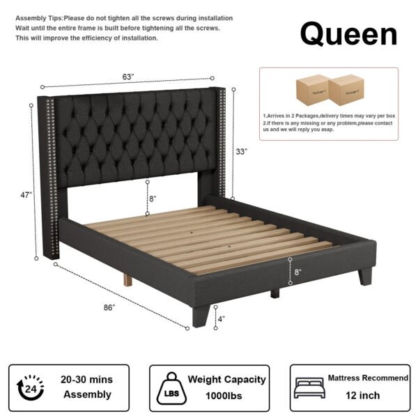 Queen Size Bed Frame with Tufted Upholstered Headboard - Black - Image 3