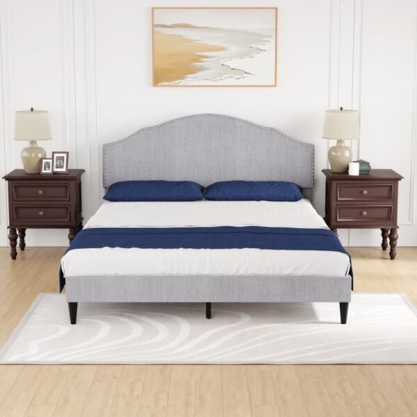 Upholstered Platform Bed Frame with Fabric Headboard and Wooden Slats Support - Image 2