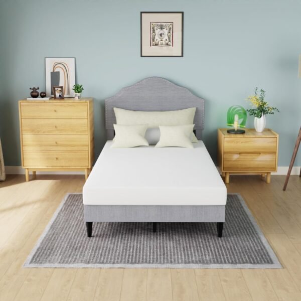 Upholstered Platform Bed Frame with Fabric Headboard and Wooden Slats Support - Image 9