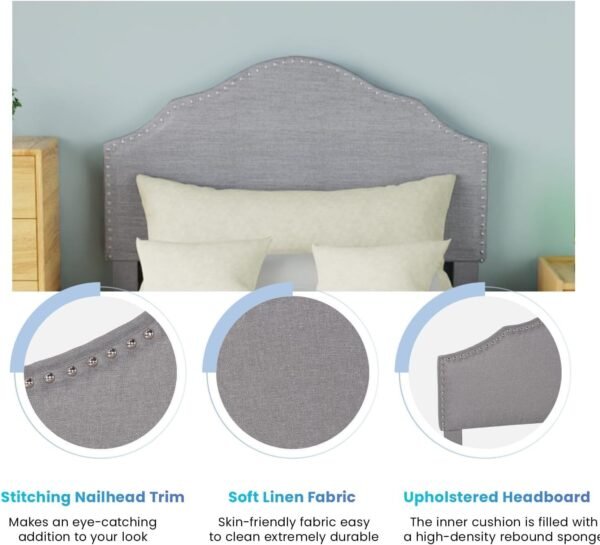 Upholstered Platform Bed Frame with Fabric Headboard and Wooden Slats Support - Image 10