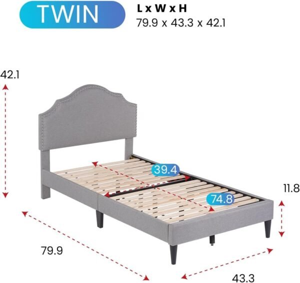 Upholstered Platform Bed Frame with Fabric Headboard and Wooden Slats Support - Image 14