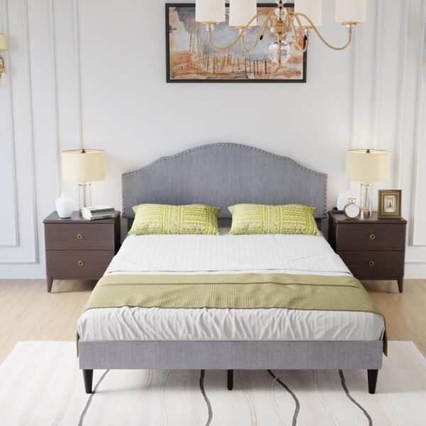 Upholstered Platform Bed Frame with Fabric Headboard and Wooden Slats Support - Image 16