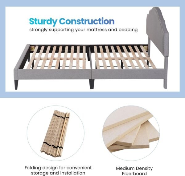 Upholstered Platform Bed Frame with Fabric Headboard and Wooden Slats Support - Image 18