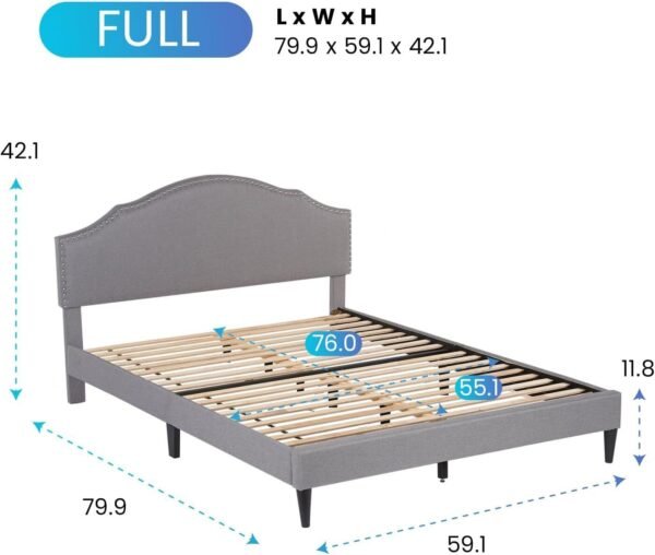 Upholstered Platform Bed Frame with Fabric Headboard and Wooden Slats Support - Image 21