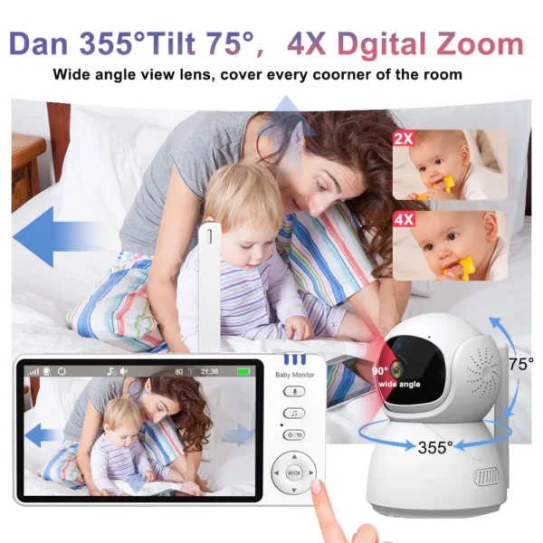 5" 720P HD IPS Screen Video Baby Monitor Pan Tilt 4X Zoom Camera Babysitter 2 Way Audio Night Vision 3500mAh Battery Lullaby VOX - Image 5