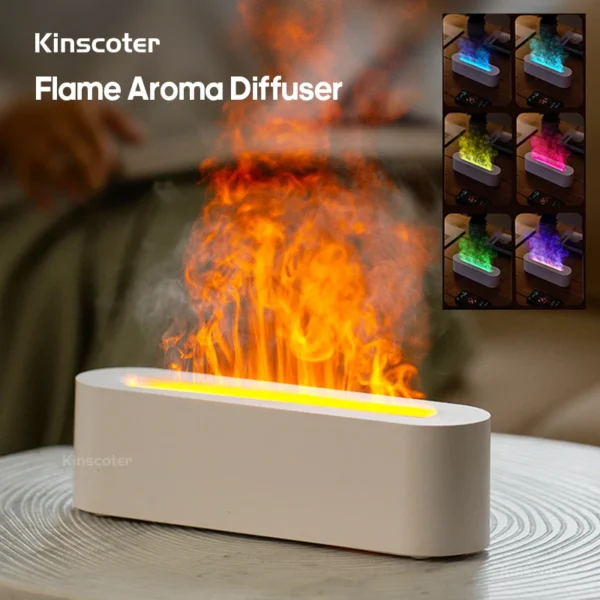 KINSCOTER Essential Oil Aroma Diffuser Flame Air Humidifier Ultrasonic Cool Mist Difusor with RGB Realistic Fire Night Light