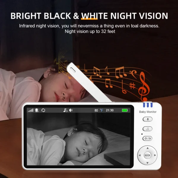 5" 720P HD IPS Screen Video Baby Monitor Pan Tilt 4X Zoom Camera Babysitter 2 Way Audio Night Vision 3500mAh Battery Lullaby VOX - Image 6