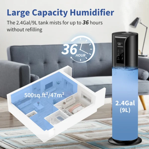SEJOY Humidifiers for Bedroom Large Room, 9L/2.4Gal Cool Mist Top Fill Humidifier with Essential Oil 360°Nozzle for Baby Office - Image 7