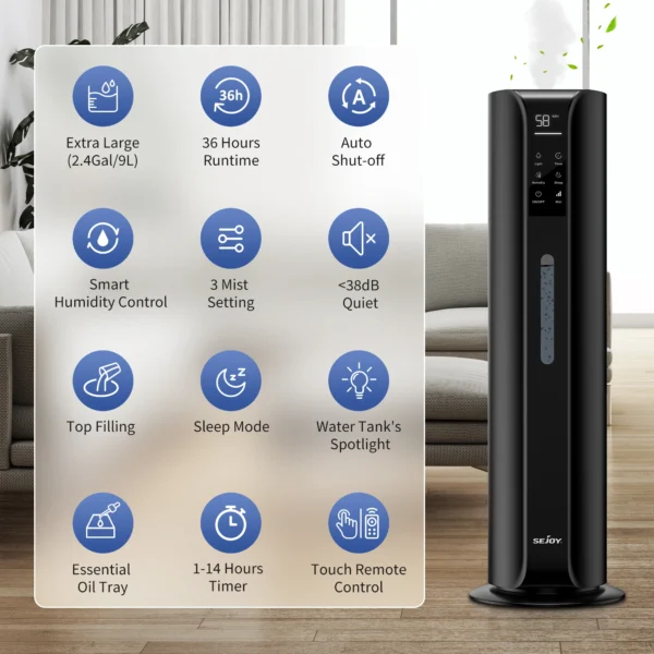 SEJOY Humidifiers for Bedroom Large Room, 9L/2.4Gal Cool Mist Top Fill Humidifier with Essential Oil 360°Nozzle for Baby Office - Image 3